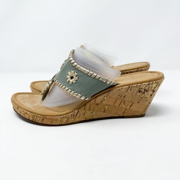 NWOB Jack Rogers Sage Green Leather Cork Wedge Sandals Women's 10 Thong Style - Picture 3 of 10